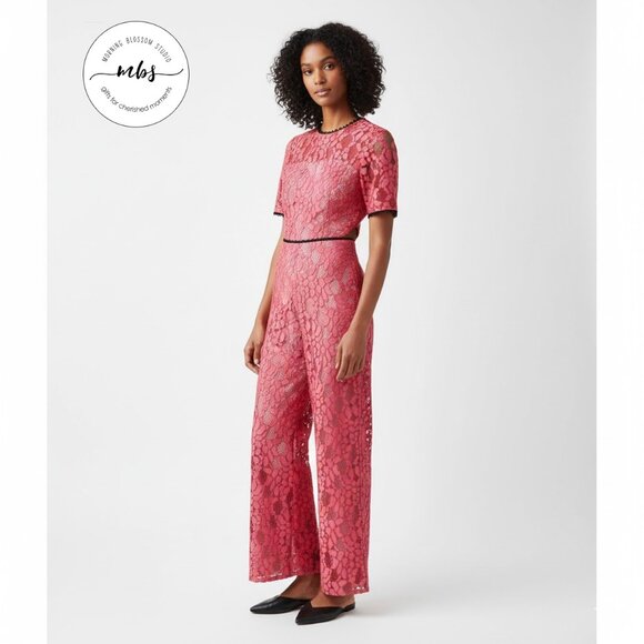Alexis Pants - Alexis Lace Short Sleeve Cutout Lined Wide Leg Jumpsuit Raw Hems Pink Women XS
